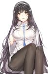  between_breasts black_hair black_legwear breasts eyebrows_visible_through_hair girls_frontline gloves hairband hand_on_own_chest highres long_hair looking_at_viewer myo_ne pantyhose parted_lips qbz-95_(girls_frontline) simple_background solo very_long_hair white_background white_gloves yellow_eyes 
