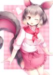  ;d absurdres animal_ears apron blush common_brushtail_possum_(kemono_friends) grey_hair heart highres kanzakietc kemono_friends multicolored_hair one_eye_closed open_mouth orange_eyes simple_background smile solo tail two-tone_hair upper_body v-shaped_eyebrows white_background white_hair 