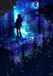  amatsuki_rei bag blurry boots commentary_request dress highres light_particles long_hair night night_sky original outdoors plant puddle reflection scarf scenery shoulder_bag silhouette sky solo standing star_(sky) starry_sky 