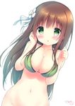  :o amedamacon areola_slip areolae bangs bikini_top blunt_bangs bottomless breasts brown_hair cleavage collarbone commentary_request covered_nipples dutch_angle eyebrows_visible_through_hair flower gochuumon_wa_usagi_desu_ka? green_bikini_top green_eyes groin hair_flower hair_ornament highres large_breasts long_hair looking_at_viewer navel open_mouth out-of-frame_censoring ribbon sidelocks signature simple_background solo stomach ujimatsu_chiya upper_body white_background white_flower white_ribbon 