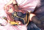  arm_up bed_sheet bit_(keikou_syrup) black_legwear black_skirt black_vest blue_eyes blush breasts closed_mouth covered_navel detached_sleeves from_above hair_between_eyes headphones headphones_removed holding lips long_hair long_skirt looking_at_viewer looking_up lying medium_breasts megurine_luka nail_polish on_back pink_hair pink_nails short_sleeves side_slit single_detached_sleeve skirt smile solo tareme thighhighs vest vocaloid 