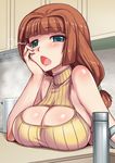  aokihoshi arm_support bare_shoulders blue_eyes breasts brown_hair cleavage commentary_request highres large_breasts long_hair meme_attire open-chest_sweater open_mouth original solo sweater tired turtleneck turtleneck_sweater 