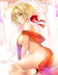  ahoge ass bangs barefoot blonde_hair blush breasts closed_mouth commentary_request fate/extra fate_(series) from_side green_eyes hair_intakes hair_ribbon large_breasts looking_at_viewer looking_to_the_side maki_(seventh_heaven_maxion) nero_claudius_(fate) nero_claudius_(fate)_(all) nude ribbon smile solo 
