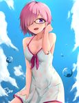  :d ahoge black-framed_eyewear bow bow_swimsuit breasts cleavage cloud cloudy_sky collarbone day dress dress_swimsuit fate/grand_order fate_(series) from_below glasses hair_over_one_eye hand_in_hair hand_on_leg highres leaning_forward looking_at_viewer mash_kyrielight medium_breasts open_mouth outdoors pink_bow pink_hair purple_eyes raidensan short_dress short_hair sideboob sky sleeveless sleeveless_dress smile solo standing swimsuit swimsuit_of_perpetual_summer wet wet_clothes wet_swimsuit white_dress white_swimsuit 