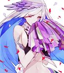  bare_shoulders blue_hair blush breasts brynhildr_(fate) cheer_for_master cheerleader closed_mouth crop_top embarrassed fate/grand_order fate_(series) grey_hair hat large_breasts long_hair looking_at_viewer mo_(mocopo) multicolored_hair navel no_bra petals pink_eyes pom_poms sideboob simple_background skirt solo two-tone_hair white_background 