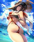  ass bare_shoulders black_hair blue_eyes breasts cloud day eyewear_on_head flower guilty_gear hat hat_flower heterochromia highres i-no large_breasts oro_(sumakaita) red_swimsuit self_fondle sky slingshot_swimsuit solo straw_hat sunglasses swimsuit water witch_hat yellow_eyes 
