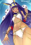  animal_ears bangs bare_shoulders behind_another belly_chain bikini blue_eyes blunt_bangs blush bracelet breasts bunny_ears chain commentary_request dark_skin day detached_collar earrings egyptian egyptian_clothes facepaint fate/grand_order fate_(series) hair_between_eyes hair_tubes hairband hips hoop_earrings jewelry long_hair looking_at_viewer medjed navel nitocris_(fate/grand_order) open_mouth purple_hair sidelocks sky small_breasts sunlight super_zombie swimsuit thighs twitter_username very_long_hair white_bikini 