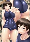 adjusting_clothes adjusting_swimsuit arm_behind_back ass ayato back blue_swimsuit blush breasts brown_eyes brown_hair caesar_(girls_und_panzer) camouflage_background closed_mouth commentary_request covered_navel covered_nipples cowboy_shot emblem girls_und_panzer hand_up highres large_breasts looking_at_viewer multiple_views old_school_swimsuit one-piece_swimsuit ooarai_(emblem) revision school_swimsuit shiny shiny_clothes short_hair smile standing swimsuit 