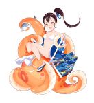  1girl :d bangs bikini black_hair breasts brown_hair fish hair_bobbles hair_ornament highres kibiko_(cheeks) long_hair looking_at_viewer navel octopus open_mouth pixiv_fantasia pixiv_fantasia_revenge_of_the_darkness ponytail sandals sidelocks small_breasts smile solo swimsuit white_background 