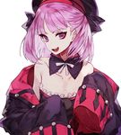  :d bare_shoulders collarbone commentary detached_collar eyebrows_visible_through_hair fate/grand_order fate_(series) flat_chest hat helena_blavatsky_(fate/grand_order) long_sleeves looking_at_viewer mo_(mocopo) off_shoulder open_mouth pink_hair purple_eyes simple_background sleeves_past_wrists smile solo upper_body white_background wide_sleeves 