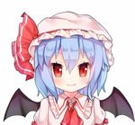  ascot bangs bat_wings blue_hair blush brooch closed_mouth collared_shirt eyebrows_visible_through_hair fang frilled_shirt_collar frills hair_between_eyes hat hat_ribbon jewelry looking_at_viewer mob_cap pink_hat pink_shirt red_eyes red_neckwear red_ribbon remilia_scarlet ribbon shirt short_hair simple_background slit_pupils smile solo tengxiang_lingnai touhou white_background wing_collar wings 