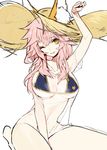  animal_ears arm_up bare_arms bare_legs between_legs bikini blue_bikini breasts commentary eyebrows_visible_through_hair fate/grand_order fate_(series) fox_ears hair_between_eyes hand_between_legs hat large_breasts long_hair looking_at_viewer mo_(mocopo) navel one_eye_closed orange_eyes parted_lips pink_hair see-through seiza simple_background sitting sketch smile solo straw_hat sun_hat swimsuit tamamo_(fate)_(all) tamamo_no_mae_(fate) tamamo_no_mae_(swimsuit_lancer)_(fate) white_background 