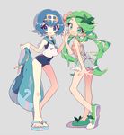  bangs blue_eyes blue_hair blue_sailor_collar dark_skin flower full_body green_eyes green_hair hair_flower hair_ornament hairband long_hair looking_at_viewer mao_(pokemon) multiple_girls one-piece_swimsuit open_mouth pokemon pokemon_(game) pokemon_sm sailor_collar short_hair sleeveless smile standing suiren_(pokemon) swimsuit takashino_(noni-nani) trial_captain twintails 