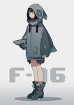  absurdres bangs bare_legs black_eyes black_hair blunt_bangs boots closed_mouth commentary design dress expressionless f-16_fighting_falcon fami_(yellow_skies) full_body highres hood hood_up hoodie original sleeves_past_wrists solo sweater sweater_dress 