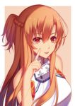  :d aira5 asuna_(sao) bangs bare_arms bare_shoulders blush braid breastplate breasts brown_eyes brown_hair cross eyebrows_visible_through_hair eyelashes finger_to_cheek french_braid hair_between_eyes hand_to_head hand_up highres index_finger_raised long_hair looking_at_viewer medium_breasts open_mouth pointing pointing_at_self ponytail shirt short_ponytail sleeveless sleeveless_shirt smile solo sword_art_online turtleneck upper_body white_shirt 