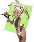  alternate_breast_size alternate_costume alternate_hairstyle animal_ears bare_legs bare_shoulders black_gloves black_leotard blonde_hair blush breasts bunny_ears bunny_tail bunnysuit closed_mouth dark_skin fake_animal_ears from_side gloves guilty_gear guilty_gear_xrd hair_between_eyes holding holding_tray leotard long_hair looking_at_viewer looking_to_the_side orange_eyes oro_(sumakaita) ponytail ramlethal_valentine small_breasts solo tail tray 