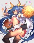  armpits ass asymmetrical_wings blue_hair blush bow breasts cheerleader crop_top crop_top_overhang dizzy guilty_gear guilty_gear_xrd large_breasts long_hair looking_at_viewer midriff navel open_mouth oro_(sumakaita) pom_poms red_eyes ribbon shoes skirt sneakers solo tail tail_bow tail_ribbon thighhighs underboob wings 