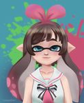  a.i._channel absurdres blue_eyes blush brown_hair cheshikk closed_mouth crossover domino_mask hairband highres inkling kizuna_ai long_hair looking_at_viewer mask smile solo splatoon_(series) splatoon_2 tentacle_hair virtual_youtuber 
