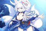  action aircraft airplane animal_ears azur_lane bangs blue_eyes blue_skirt bracelet breasts cleavage collarbone commentary_request cowboy_shot crest eyeshadow fang flight_deck fox_ears fox_mask fox_tail haori highres japanese_clothes jewelry kaga_(azur_lane) large_breasts looking_to_the_side magic makeup mask mephist-pheles multiple_tails open_mouth pleated_skirt sakuramon short_hair skirt solo tail white_hair 