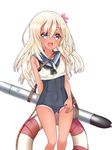  :d ass_visible_through_thighs bare_shoulders black_neckwear blonde_hair blue_eyes blue_sailor_collar crop_top flower hair_flower hair_ornament hibiscus highres kantai_collection lifebuoy long_hair looking_at_viewer neckerchief one-piece_swimsuit one-piece_tan open_mouth ro-500_(kantai_collection) sailor_collar school_swimsuit shirt simple_background sleeveless sleeveless_shirt smile solo standing swimsuit tan tanline tengxiang_lingnai torpedo white_background white_shirt 