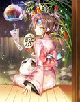  brown_hair elsword eve_(elsword) facial_mark fan holding holding_fan japanese_clothes kimono looking_at_viewer looking_back meow night obi outdoors pink_kimono remy_(elsword) sash short_hair sitting sky solo star_(sky) starry_sky yellow_eyes yukata 