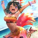 ;d \o/ arched_back armlet armpits arms_up backlighting bangs beach blue_sky blush brazil brazilian breasts cleavage cloud commentary_request dancer day dutch_angle earrings feathers gem glint gold_trim green_hair hair_feathers high_heels hips horizon idolmaster idolmaster_cinderella_girls jewelry jumping lens_flare looking_at_viewer medium_breasts midriff natalia_(idolmaster) navel ocean one_eye_closed open_mouth outdoors outstretched_arms pettan_p purple_eyes raised_fists sarong shoe_soles short_hair sky smile solo stomach strappy_heels tareme upper_teeth 
