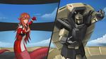  &gt;:) absurdres animal_ears bangs blue_sky breasts closed_mouth cloud cobra_(animal) cobra_gundam crossover day formal g_gundam gloves gundam gundam_build_fighters hair_ornament helmet highres lamia large_breasts long_hair looking_at_viewer mecha miia_(monster_musume) mobile_trace_suit monster_girl monster_musume_no_iru_nichijou orange_hair outdoors paintrfiend pointy_ears pose red_gloves red_suit scales serious shoulder_pads sky smile solo standing suit v-shaped_eyebrows yellow_eyes 