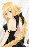  ahobaka backless_dress backless_outfit black_ribbon braid breasts dress fate/grand_order fate_(series) fujimaru_ritsuka_(female) hair_ribbon highres iwai_minato jeanne_d'arc_(fate) jeanne_d'arc_(fate)_(all) long_braid long_hair medium_breasts multiple_girls purple_eyes ribbon riyo_(lyomsnpmp)_(style) see-through sideboob single_braid smile strap_slip 