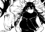  :| animal_ears antlers breasts closed_mouth dated extra_ears fur_collar greyscale hair_between_eyes hands_on_hips happa_(cloverppd) huge_breasts kemono_friends long_hair long_sleeves looking_at_viewer monochrome moose moose_(kemono_friends) moose_ears signature upper_body v-shaped_eyebrows 
