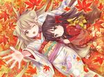  :o ;o ahoge amano_sakuya animal_ears autumn_leaves bangs blonde_hair blush brown_eyes brown_hair eyebrows_visible_through_hair floral_print fox_ears fox_tail hair_ribbon highres japanese_clothes kimono konohana_kitan leaf long_hair long_sleeves looking_at_viewer lying maple_leaf multiple_girls obi official_art on_back on_ground on_side one_eye_closed open_mouth outstretched_arm parted_lips pinching_sleeves reaching_out red_ribbon ribbon sakura_(konohana_kitan) sash tail wide_sleeves yuzu_(konohana_kitan) 