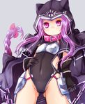  :&lt; animal_hood armor ass_visible_through_thighs baram belt_buckle black_gloves bow braid buckle chain cloak collar covered_navel cowboy_shot fate/grand_order fate_(series) flat_chest gloves grey_background groin hair_bow hand_on_own_stomach holding holding_weapon hood hooded_cloak leotard long_hair looking_at_viewer medusa_(lancer)_(fate) polearm purple_eyes purple_hair rider sidelocks simple_background single_braid solo very_long_hair weapon 