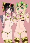  2girls akatsuki_kirika animal_print black_hair blonde_hair blush bra breasts fang green_eyes groin hinoki_(neko_irazu) large_breasts looking_at_viewer multiple_girls panties pink_eyes senki_zesshou_symphogear smile tiger_print tsukuyomi_shirabe underwear 