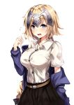  ahoge belt blonde_hair blue_eyes blush braid breasts dress_shirt fate/grand_order fate_(series) flying_sweatdrops headpiece jacket jeanne_d'arc_(fate) jeanne_d'arc_(fate)_(all) large_breasts long_hair nakatokung off_shoulder open_mouth shirt short_hair single_braid skirt very_long_hair white_background wicked_dragon_witch_ver._shinjuku_1999 