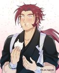  :t daifuku eating food food_on_face japanese_clothes katsugeki/touken_ranbu male_focus panya ponytail red_hair sparkle tasuki tonbokiri_(touken_ranbu) touken_ranbu twitter_username wagashi yellow_eyes 