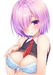  3: between_breasts blue_bra blush bra breasts cleavage closed_mouth fate/grand_order fate_(series) frill_trim hair_over_one_eye large_breasts looking_at_viewer mash_kyrielight mitsuba_choco necktie necktie_between_breasts purple_eyes purple_hair shirt shirt_lift short_hair simple_background sleeveless sleeveless_shirt solo underwear upper_body white_background 