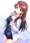  blue_swimsuit bow brave_witches breasts brown_eyes brown_hair cleavage collarbone covered_navel dated finger_to_mouth hair_bow half_updo impossible_clothes impossible_swimsuit index_finger_raised kamogawa_tanuki karibuchi_takami large_breasts lips long_hair long_sleeves looking_at_viewer military military_uniform naval_uniform old_school_swimsuit one-piece_swimsuit open_clothes school_swimsuit shiny shiny_hair shushing sidelocks signature solo swimsuit swimsuit_under_clothes unbuttoned uniform world_witches_series 