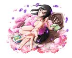  black_hair blue_eyes bodskih book breasts cherry_blossoms cleavage cup dress floating_hair from_above large_breasts long_hair looking_at_viewer looking_up nico_robin one_piece open_book outstretched_arm pink_dress sideboob sleeveless sleeveless_dress smile solo teacup transparent_background 
