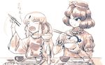  :t bowl chopsticks closed_eyes commentary_request eating food holding holding_chopsticks meimaru_inuchiyo moriya_suwako multiple_girls plate rice rice_bowl sepia short_hair touhou tray yasaka_kanako 