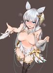  animal_ears bangs black_legwear blue_eyes blunt_bangs blush breasts commentary_request dutch_angle elbow_gloves embarrassed erune gloves gold_trim granblue_fantasy grey_background kappamaru korwa large_breasts long_hair looking_at_viewer mismatched_legwear nipples quill reaching_out silver_hair simple_background solo thighhighs thread unraveling walking white_legwear 