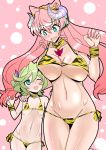  2girls animal_print blonde_hair blush bra breasts elfnein fang green_eyes groin hinoki_(neko_irazu) large_breasts looking_at_another maria_cadenzavna_eve multiple_girls open_mouth panties pink_hair senki_zesshou_symphogear small_breasts smile tiger_print underwear 