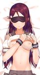 absurdres bangs bdsm bed_sheet blindfold bondage bound bound_wrists breasts breasts_apart breasts_outside buckle chain clenched_hands closed_mouth covered_eyes cuffs dakimakura facing_viewer from_above frown grey_sailor_collar grey_skirt groin hands_up highres indoors long_hair love_live! love_live!_sunshine!! lying medium_breasts navel nipples no_bra on_back on_bed parted_bangs pleated_skirt purple_hair sailor_collar sakurauchi_riko school_uniform sellel serafuku shiny shiny_skin shirt shirt_lift short_sleeves sidelocks skinny skirt sleeve_cuffs solo straight_hair sweatdrop swept_bangs upper_body uranohoshi_school_uniform white_shirt 