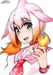  :d black_eyes blonde_hair chinese_white_dolphin_(kemono_friends) dated eyebrows_visible_through_hair fins gradient_hair hair_between_eyes hand_up happa_(cloverppd) head_fins kemono_friends looking_at_viewer multicolored_hair open_mouth orange_hair pink_hair pink_neckwear pink_serafuku signature smile solo twintails upper_body 