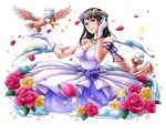  arm_ribbon bird bird_on_hand black_hair blue_eyes blue_ribbon bodskih breasts cleavage collarbone dress flower gloves hair_flower hair_ornament hand_in_hair hat head_wreath jewelry large_breasts long_hair necklace nico_robin one_piece petals purple_flower red_flower ribbon sleeveless sleeveless_dress solo strapless strapless_dress transparent_background white_gloves white_hat yellow_flower 