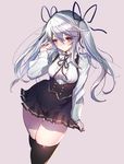  alternate_color black_legwear blush breasts commentary_request grey_background guilty_gear guilty_gear_xrd long_hair looking_at_viewer medium_breasts oro_(sumakaita) purple_eyes ramlethal_valentine silver_hair simple_background skirt solo sweatdrop thighhighs twintails vest 