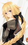  ahobaka backless_dress backless_outfit black_ribbon braid breasts chibi dress fate/grand_order fate_(series) fujimaru_ritsuka_(female) hair_ribbon highres iwai_minato jeanne_d'arc_(fate) jeanne_d'arc_(fate)_(all) long_braid long_hair looking_at_viewer medium_breasts multicolored multiple_girls purple_eyes red_eyes ribbon riyo_(lyomsnpmp)_(style) see-through shawl sideboob single_braid smile strap_slip upper_body yellow_eyes 