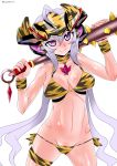  1girl animal_print blush bra breasts groin hinoki_(neko_irazu) large_breasts looking_at_viewer navel panties purple_eyes senki_zesshou_symphogear smile solo tiger_print underwear white_hair yukine_chris 