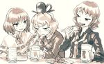  alcohol beer beer_mug capelet chopsticks commentary_request cup drunk eating food grin hat headwear_removed holding holding_chopsticks holding_cup horikawa_raiko meimaru_inuchiyo multiple_girls nagae_iku necktie plate sepia short_hair smile soga_no_tojiko sweatdrop tate_eboshi touhou trait_connection 