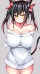  1girl bare_shoulders black_hair blush breasts cat_ears cat_tail female impossible_clothes large_breasts long_hair looking_at_viewer monotosu simple_background solo sweater yellow_eyes 