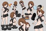  3_3 animal animal_on_head belt belt_pouch black_footwear boots bowl breasts brown_eyes brown_hair closed_eyes clothed_animal dog drooling eating grey_background guts_(kill_la_kill) highres kill_la_kill looking_at_viewer mankanshoku_mako medium_breasts multiple_views nose_bubble on_head pet_bowl pouch pug revealing_clothes short_hair sideboob simple_background sleeping smile standing sunglasses sushio 