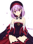  bare_shoulders belt blush detached_sleeves emirio_(user_wmup5874) fate/grand_order fate_(series) flat_chest hat helena_blavatsky_(fate/grand_order) highres looking_at_viewer open_mouth purple_eyes purple_hair short_hair smile solo strapless thighhighs twitter_username 
